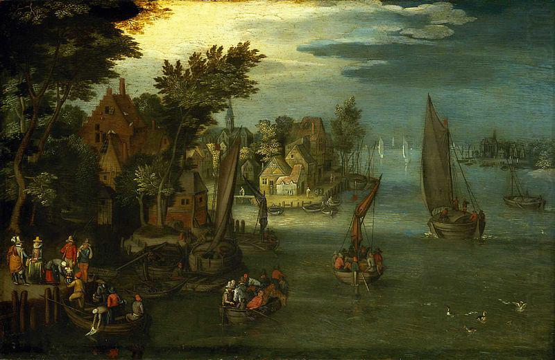 A Busy River Scene with Dutch Vessels and a Ferry, Jan Brueghel